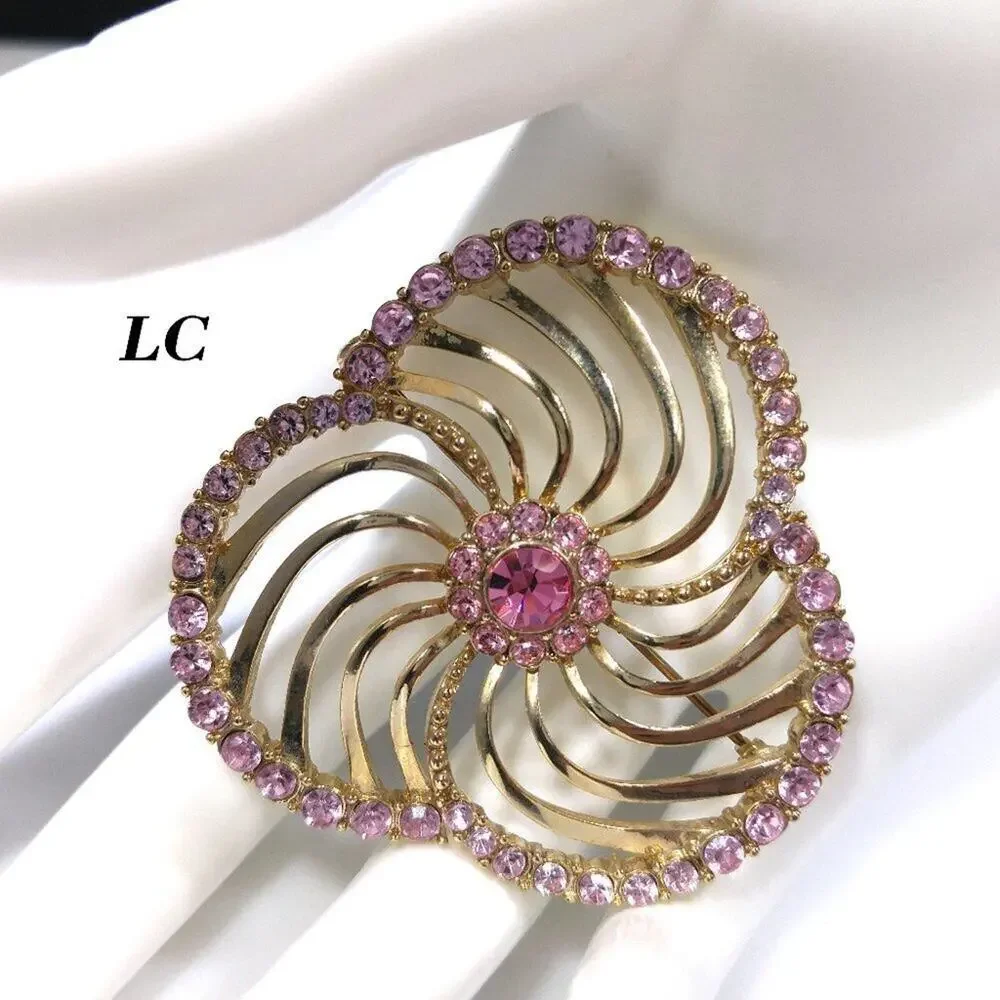 Liz Claiborne Pink Rhinestone Openwork Brooch, 2 1/8 Inches